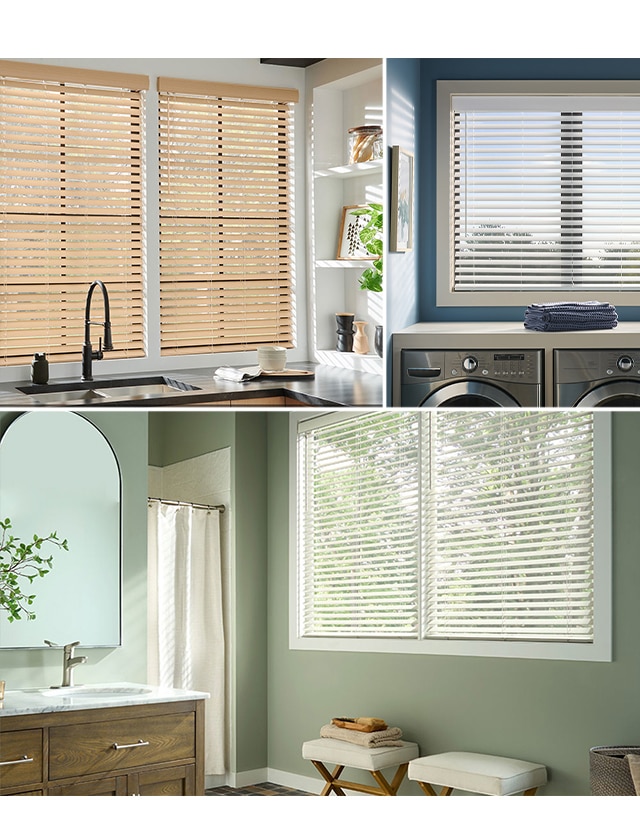 A beautiful of variety of faux wood blinds