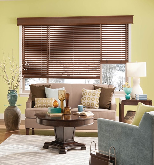 Bali Noble Wood Cornice Shown in Teriyaki with Bali Wood Blinds