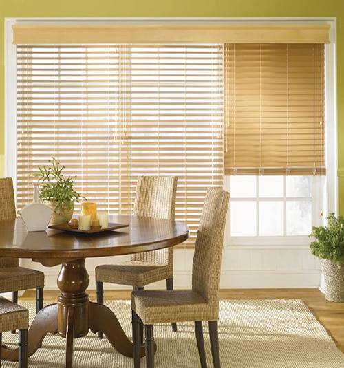 Bali Noble Wood Cornice Shown in Natural with Bali Wood Blinds