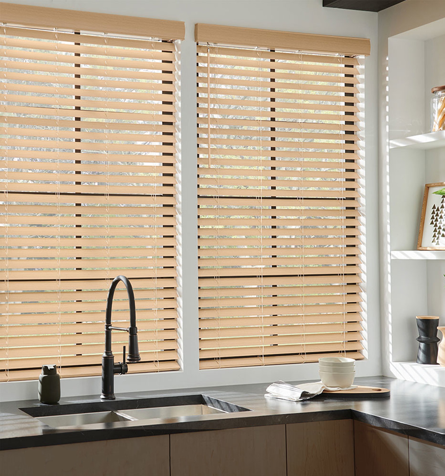 Bali Faux Wood Blinds: Shown in Premium Woodgrain Natural