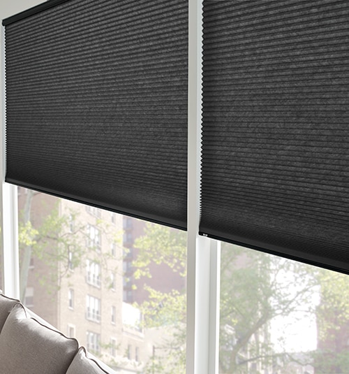 Bali Motorized Cellular Shades shown in Halo Stealth Jet