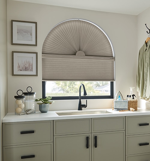 Bali Perfect Arch Cellular Shades shown in Halo Bronco