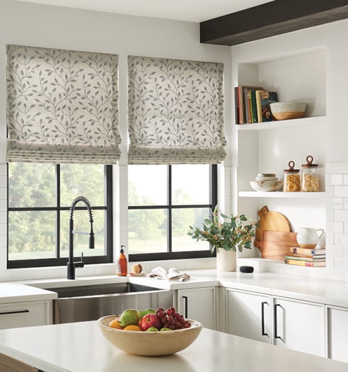 Bali Tailored Roman Shades shown in Berrymeadow Arctic Bird