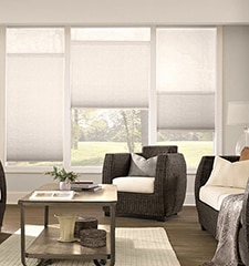 Bali Cordless Sun Up Sun Down Cellular Shades shown in Sheer Bliss Powder with Sunrise Decorator White