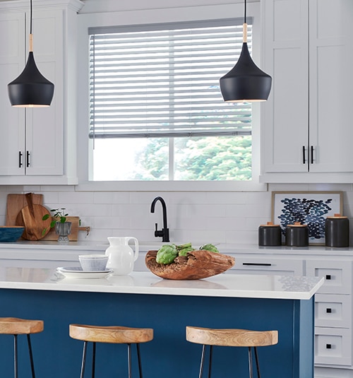 LEVOLOR Classic Value Faux Wood Blinds shown in Light Gray