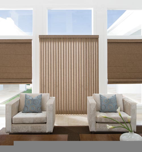 S-Shape Vertical Blind in Seclusions Mocha with vanes open