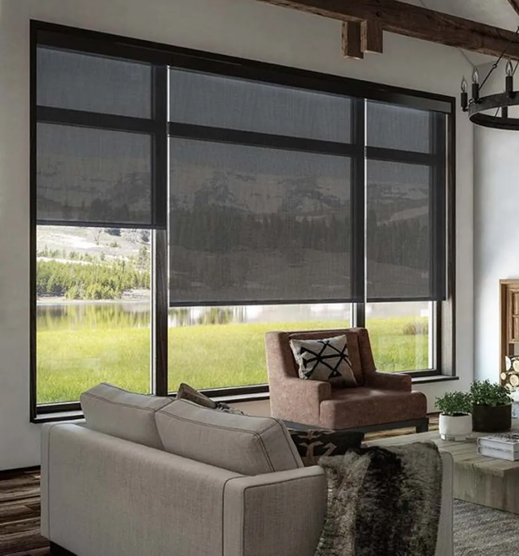 Blindsgalore Envision Solar Shades shown in 5% Charcoal Chestnut