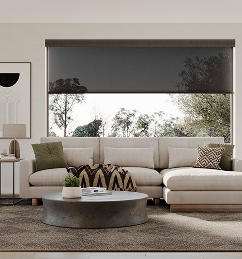 Blindsgalore Solar Shades shown in Sheerweave 2360: Charcoal