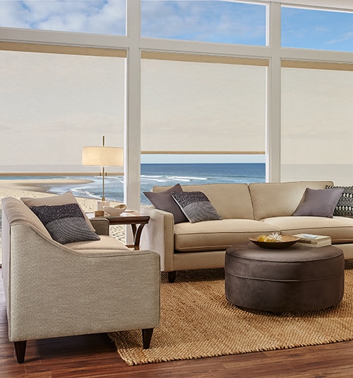 Blindsgalore Solar Shades shown in Sheerweave 2410: Beige