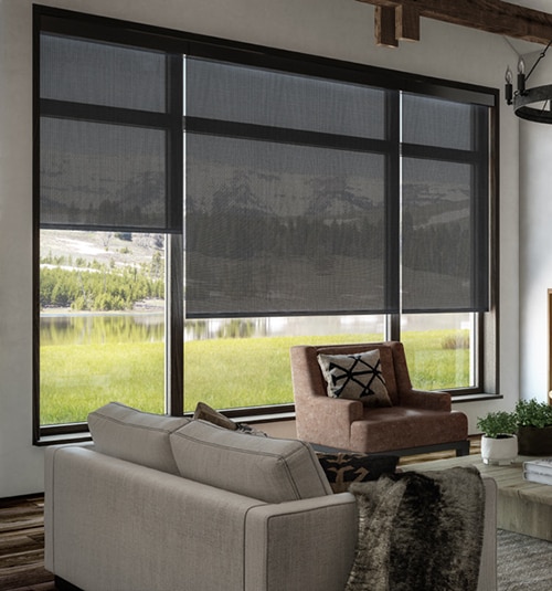Blindsgalore Solar Shades shown in Sheerweave 2360: Charcoal
