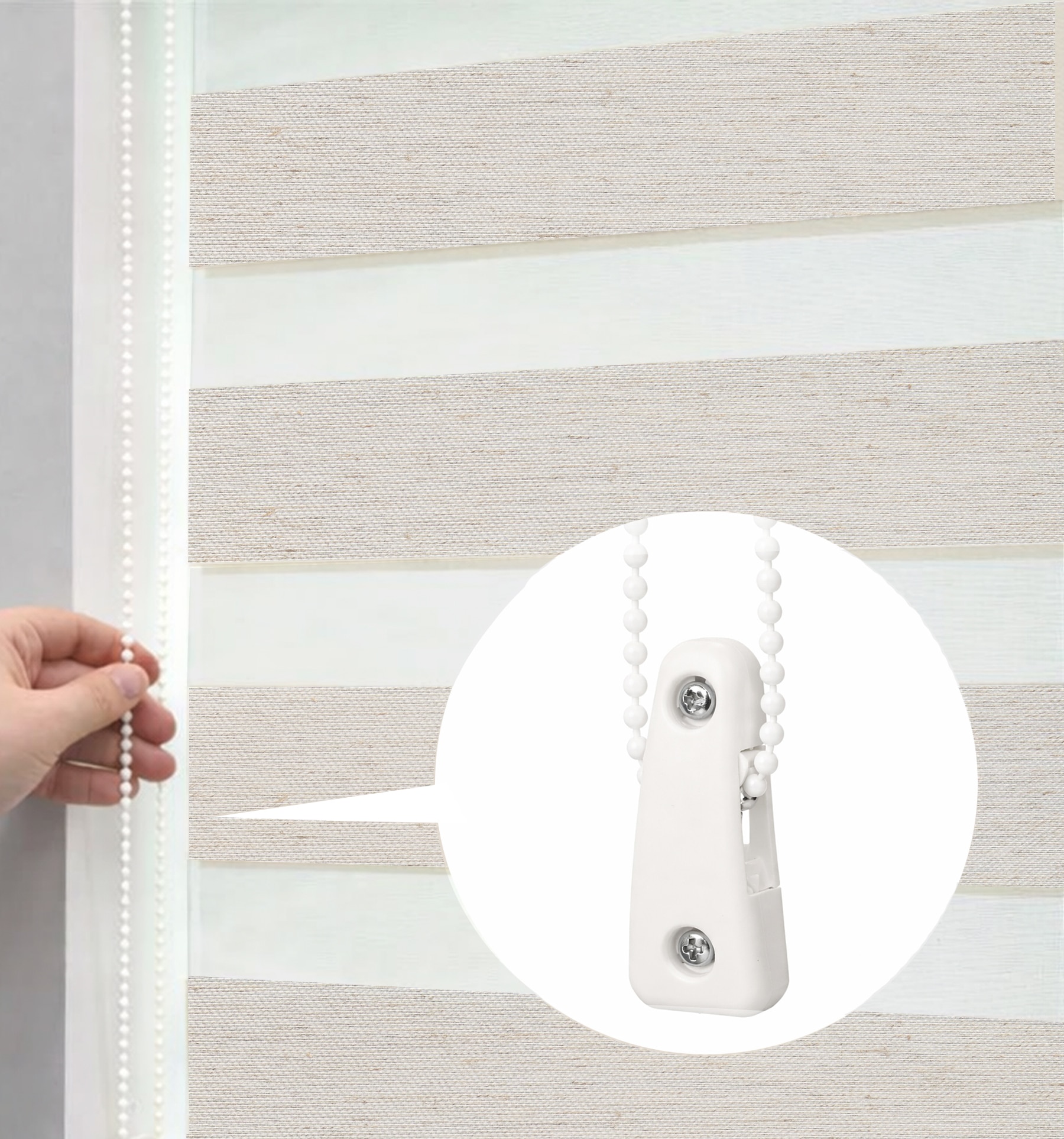 Cord Loop shade with white plastic bead chain and wall mount tensioner. 