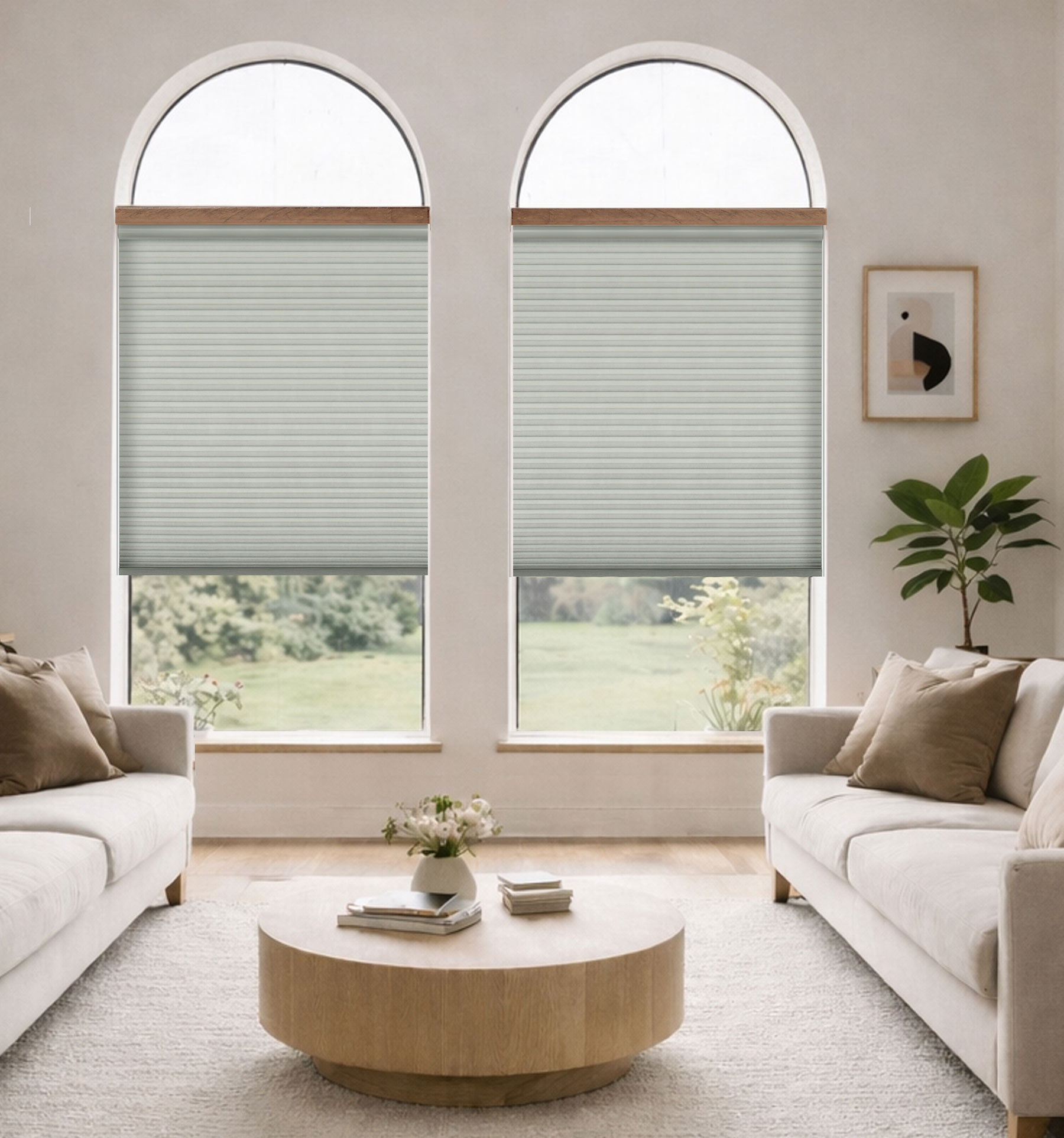 Palladian shelf shown in Sandalwood with cellular shades mounted below.