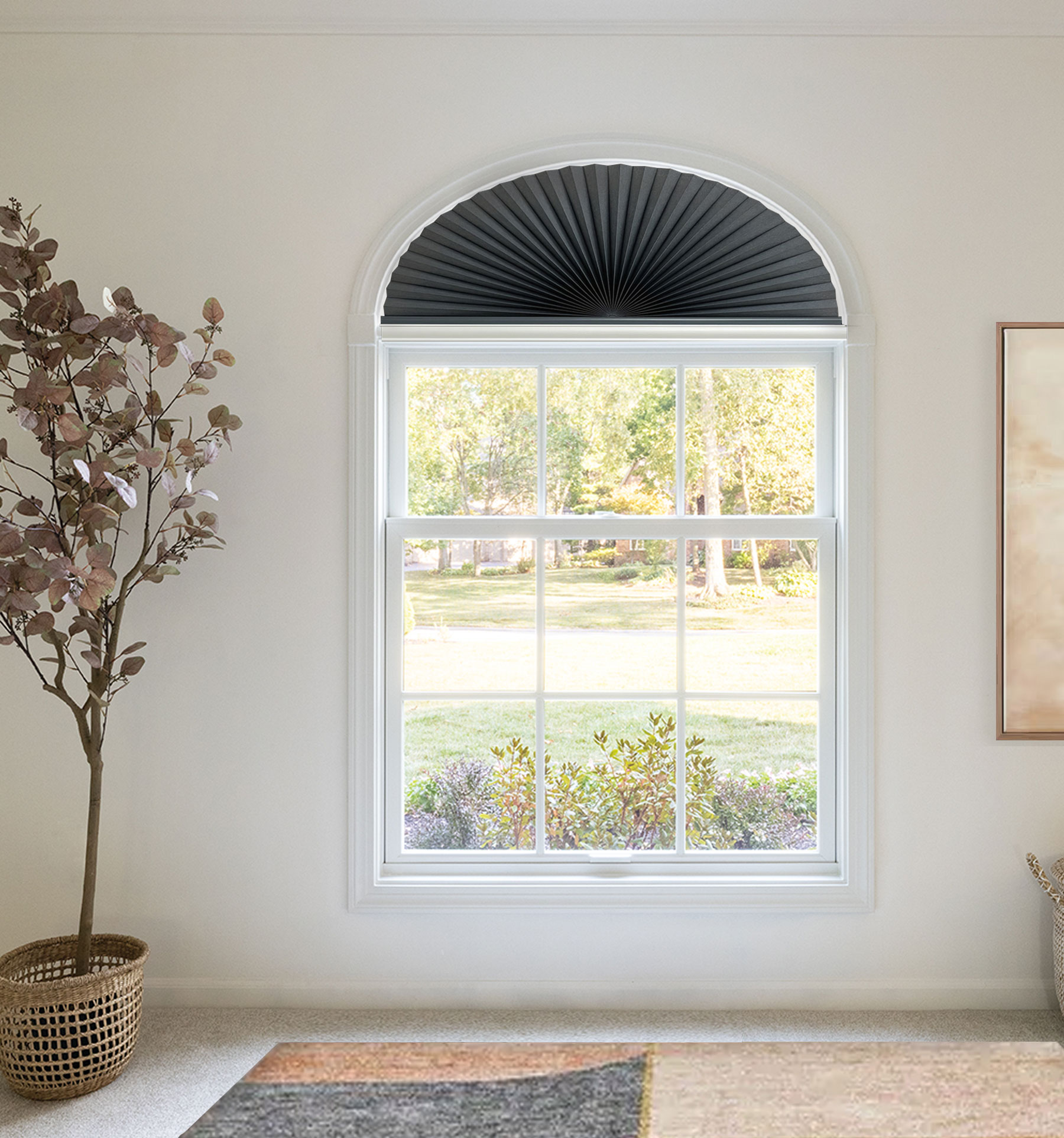 Palladian shelf shown in Frost with an arched cellular shade mounted on top.