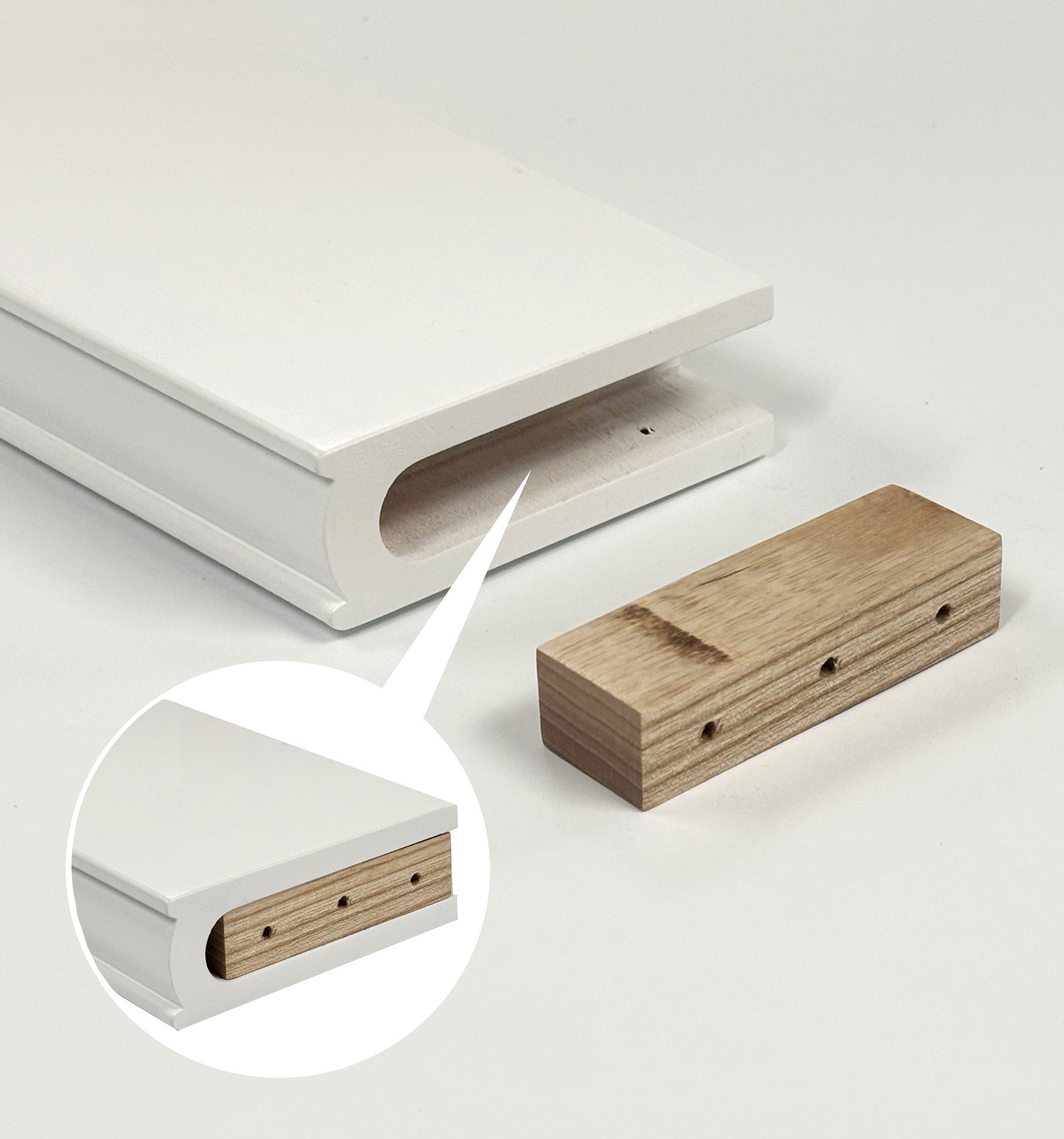 A Palladian shelf is installed using mounting blocks that screw into the inside window frame. The shelf then slides onto the mounting blocks and can be secured with safety screws to prevent movement.