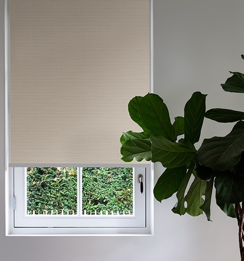 Blindsgalore Harmony Roller Shades shown in Essential Canvas Fawn: Blackout