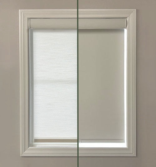 Light comparison between light filtering and blackout fabric. Note, inside mount shades made in blackout fabric will have a halo effect around the framing due to necessary fabric deductions