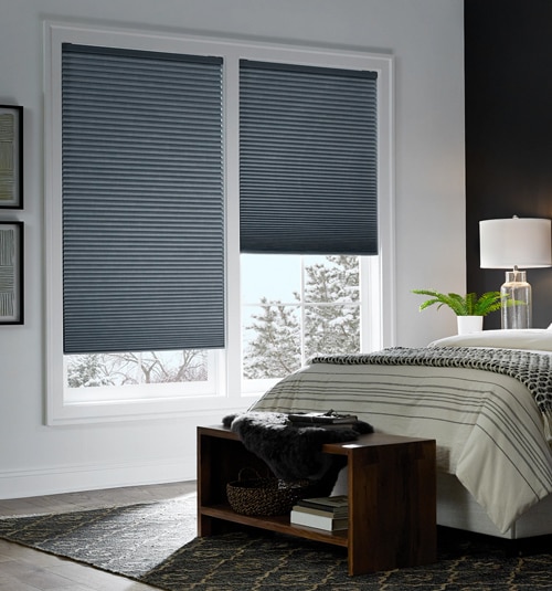 Motorized blackout cellular shades shown in Dreamweaver Oceanside
