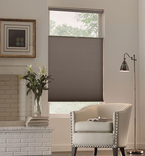 Blindsgalore No Drill Blackout Cellular Shades shown in Top-Down Bottom-Up cellular shade shown in Riverbank