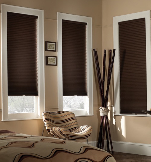 Blindsgalore® Cordless Blackout Cellular Shades shown in Chocolate