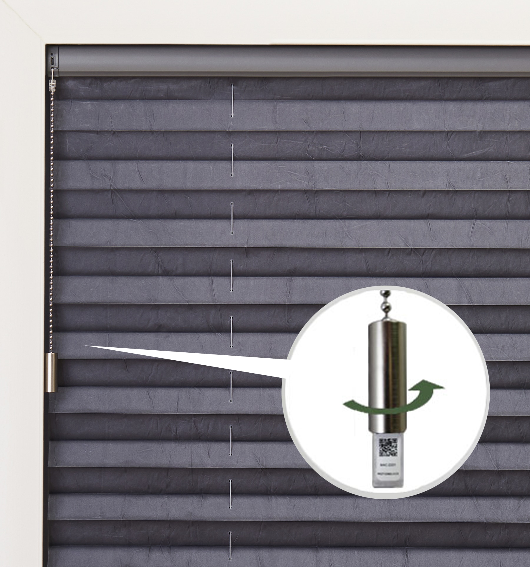 Motorized lift comes standard with stainless steel pull chain that will operate your shade without a remote. Slide the handle cover up to reveal Bluetooth set-up QR code.