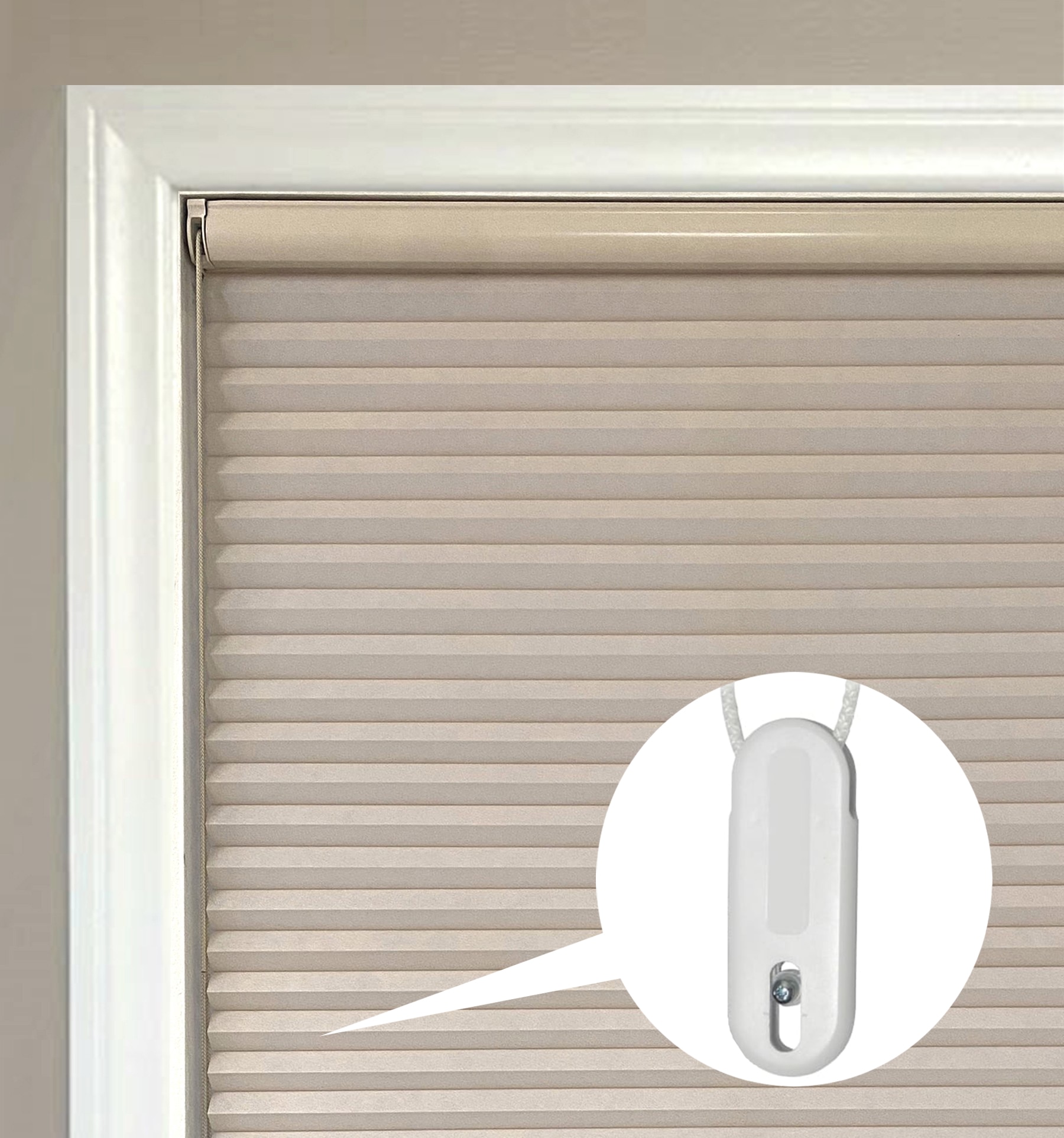 Continuous Cord Loop Lift with wall Tensioner. Tensioner must be mounted in order for the shade to operate. 