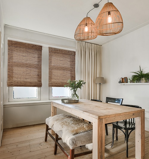 Blindsgalore Classic Natural Woven Shades shown in Cove Hickory