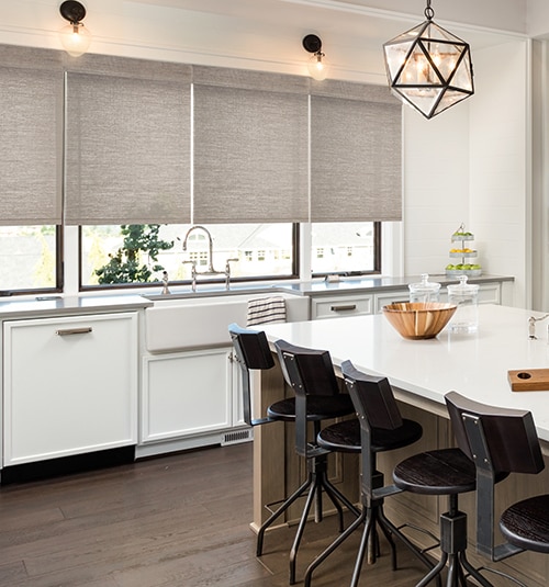 Blindsgalore Classic Natural Woven Shades shown in Modern Reed Warm Gray