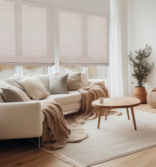Blindsgalore Classic Waterfall Woven Shades shown in Sapo Straw