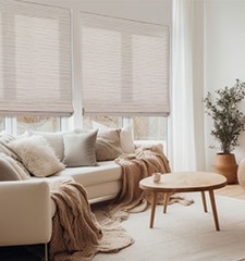 Blindsgalore Classic Waterfall Woven Shades shown in Sapo Straw