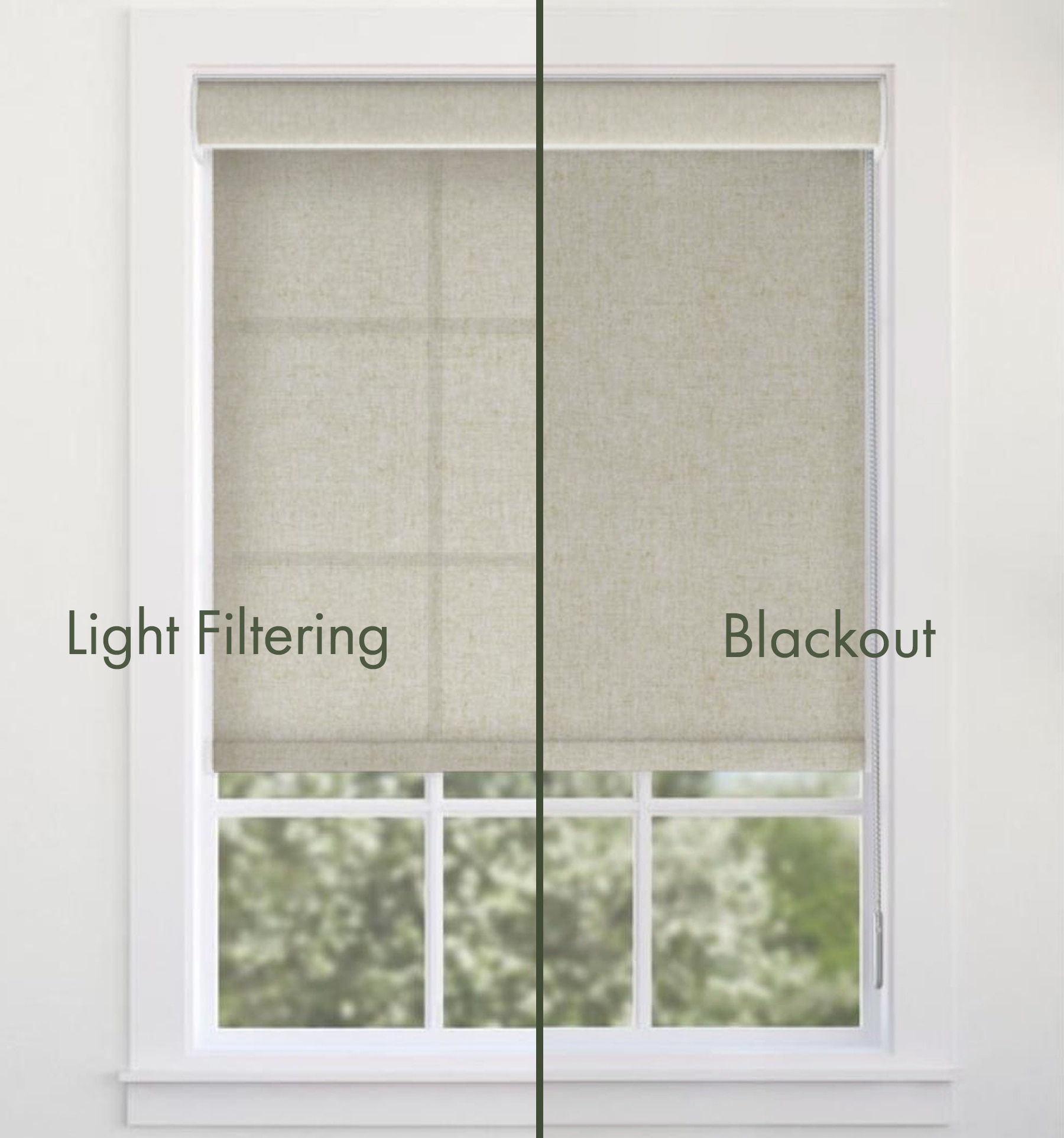 Light comparison between light filtering and blackout fabrics. Note, inside mount shades made in blackout fabric will have a "halo effect" around the framing due to necessary fabric deductions.
