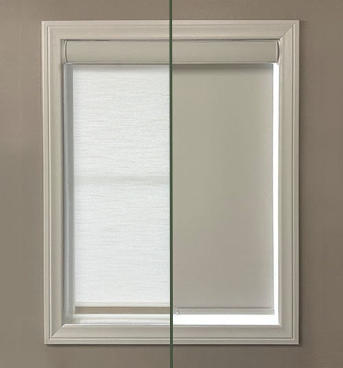 Light comparison between light filtering and blackout fabrics. Note, inside mount shades made in blackout fabric will have a &quot;halo effect&quot; around the framing due to necessary fabric deductions.