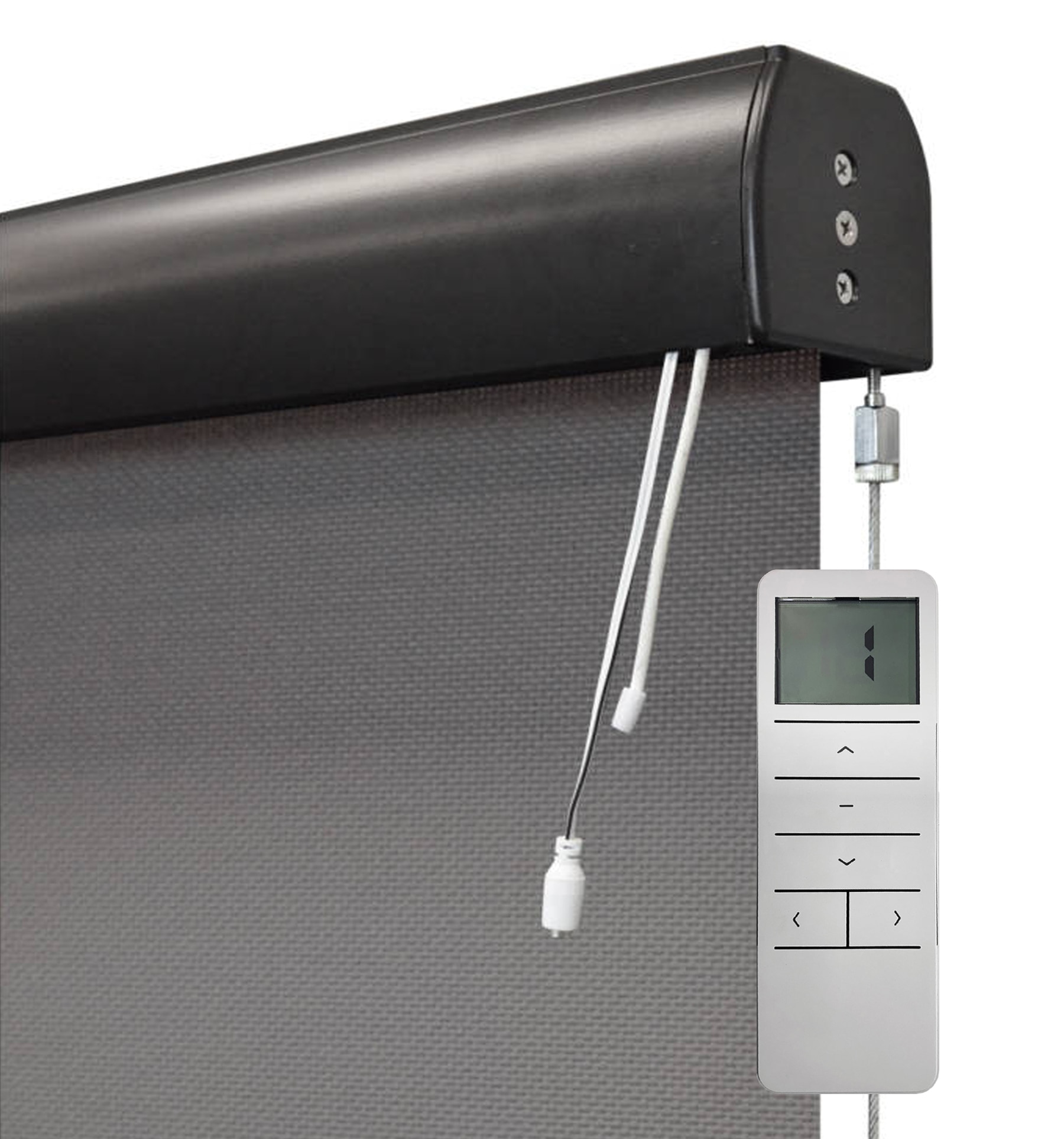 Close-up of Rechargable Motorized Lift and battery connection point (shown for detail). Motorized comes standard with a curved oil-rubbed bronze cassette.