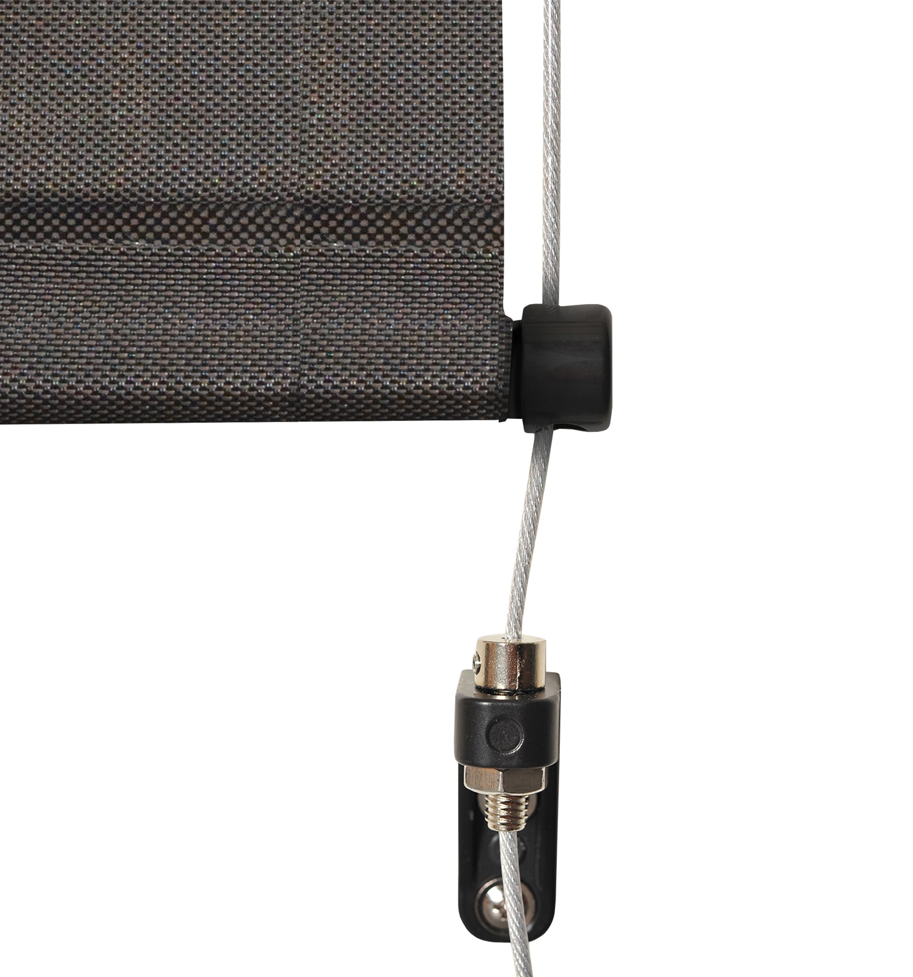 Close-up of guided cable tie down, available only with motorized lifts. The top of the cable is attached to the cassette and the bottom cable is secured at the base of the shade.