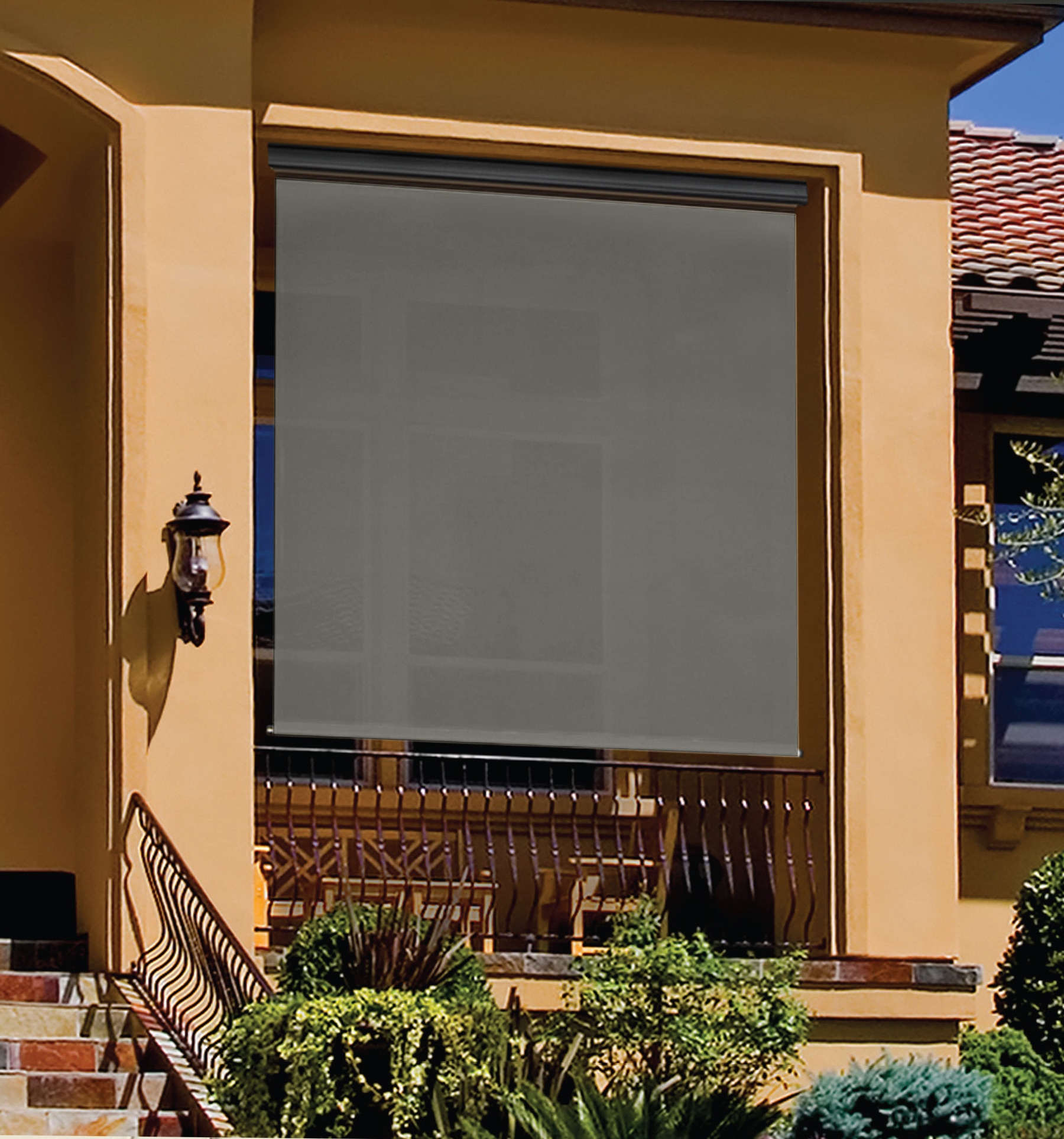 Blindsgalore Signature Outdoor Solar Shades shown in Dark Gray