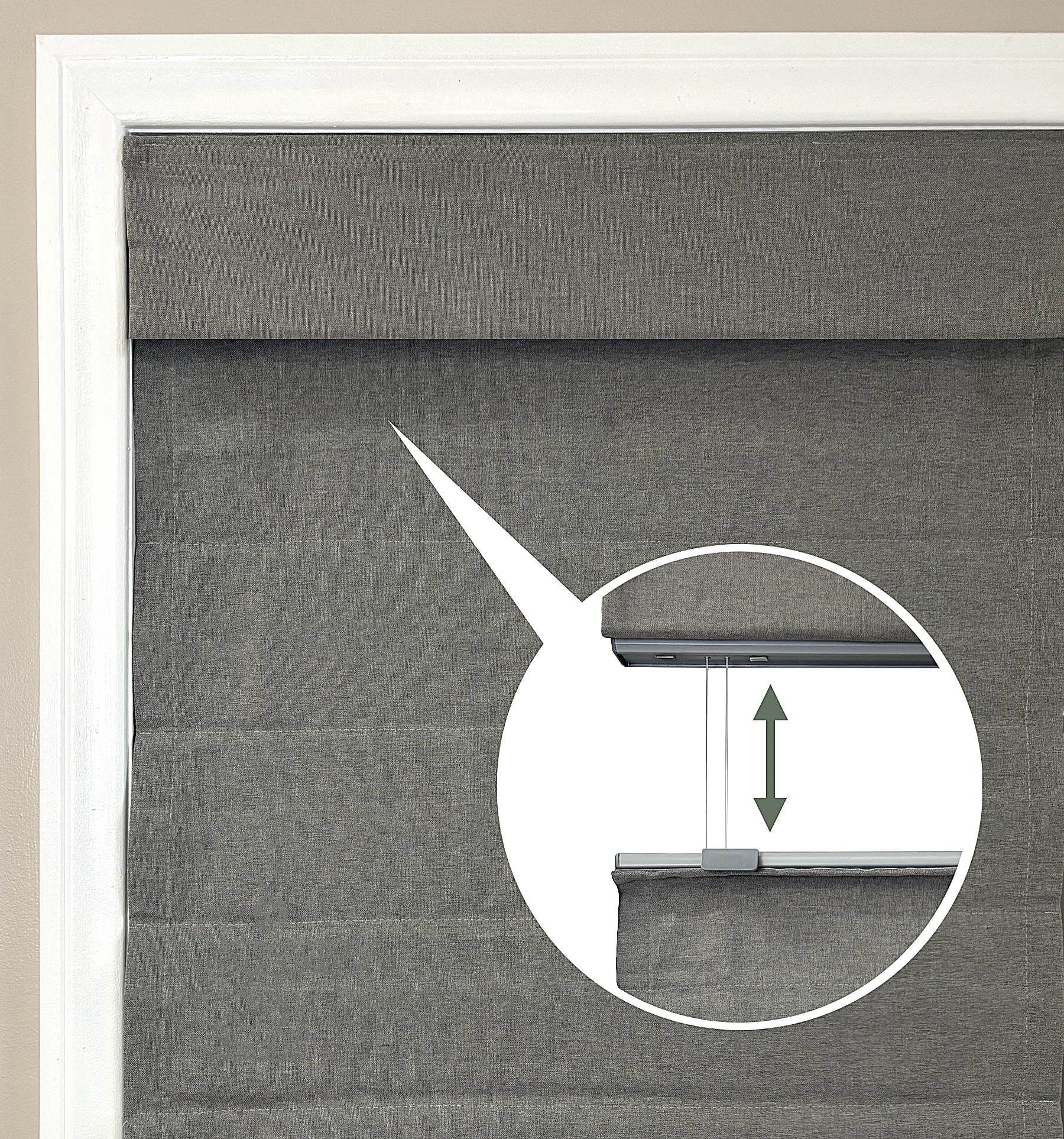 Blindsgalore Cordless Top Down Bottom Up Shades include a standard 6" valance. The top-down rail features two small, removable handles that become visible when the shade is lowered below the valance. 