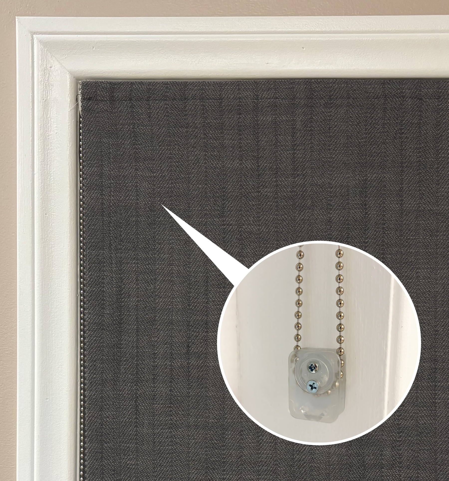 CCL lift roman shades come standard with a steel bead chain. Chain will be 2/3 of the shade height. Chain tensioners must be installed to window frame or wall for shade to operate properly.