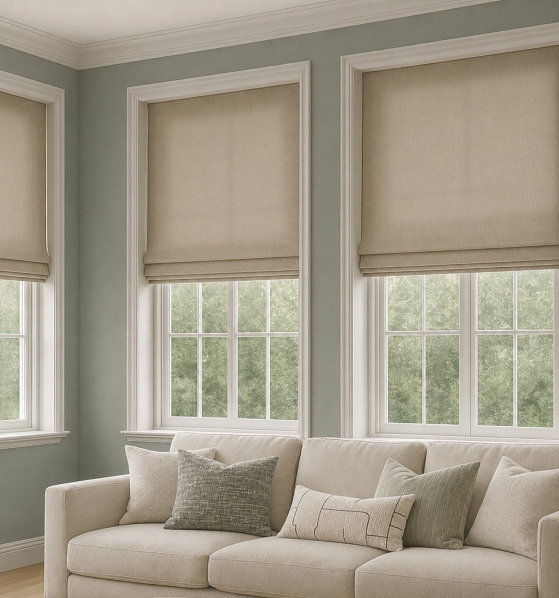 Blindsgalore Essential Motorized Roman Shades shown in Light Filtering Misty Beige
