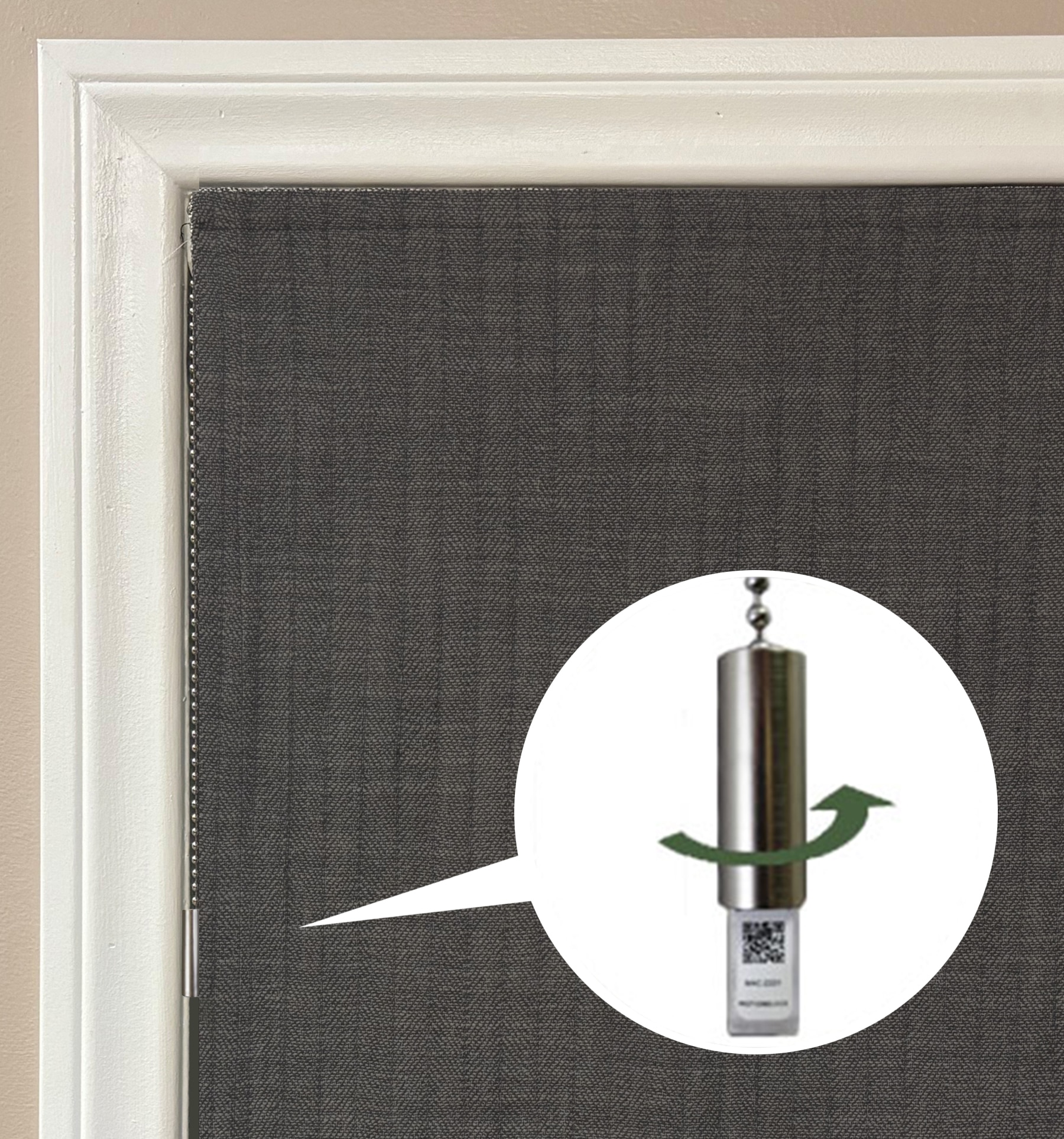 Motorized shades come standard with a pull chain that can operate the shade without a remote. QR code for pairing instructions can be found underneath the tassel cap.