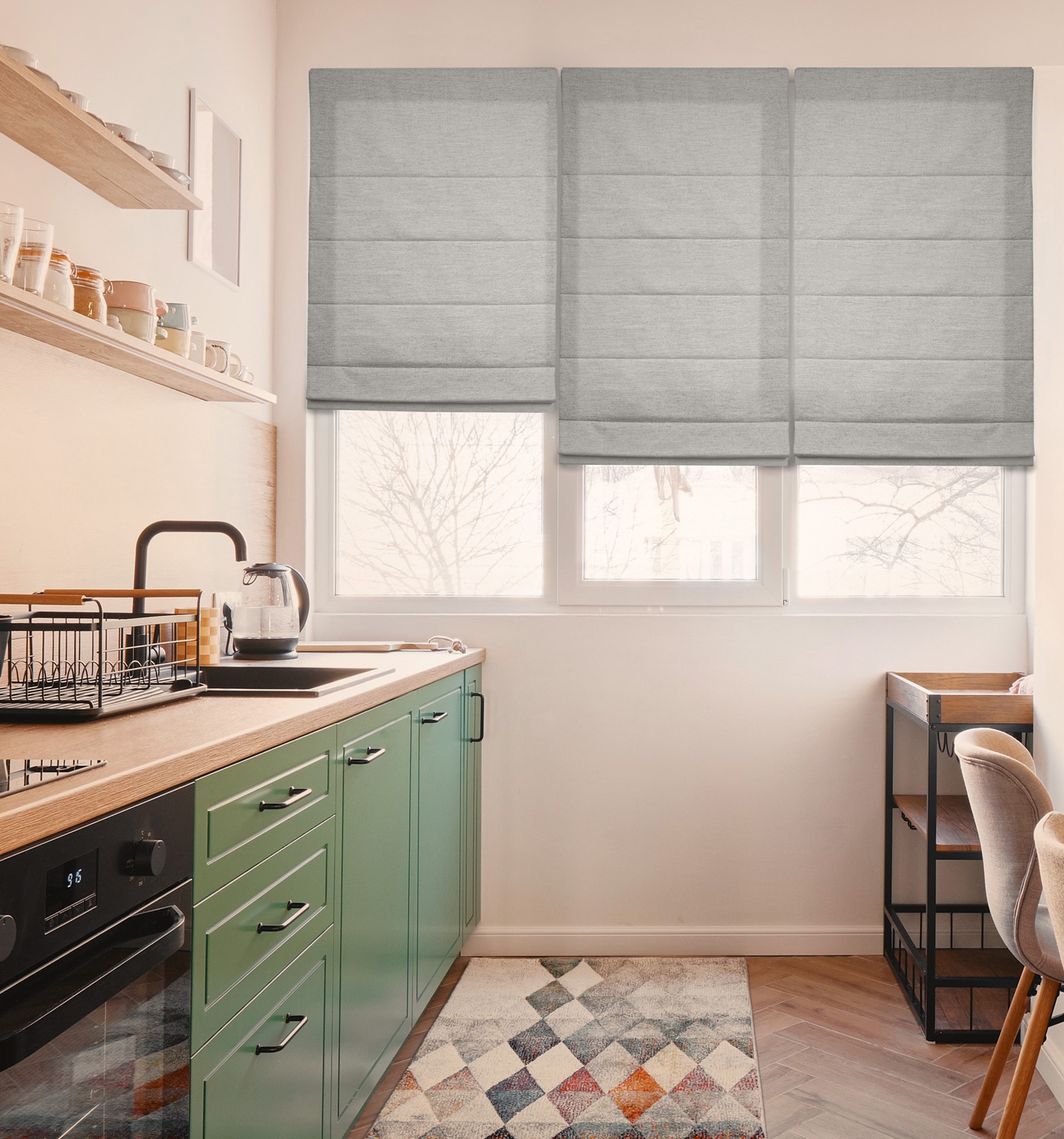Blindsgalore Classic Roman Shades with Knife Pleat Fold shown in Henley Nickel.