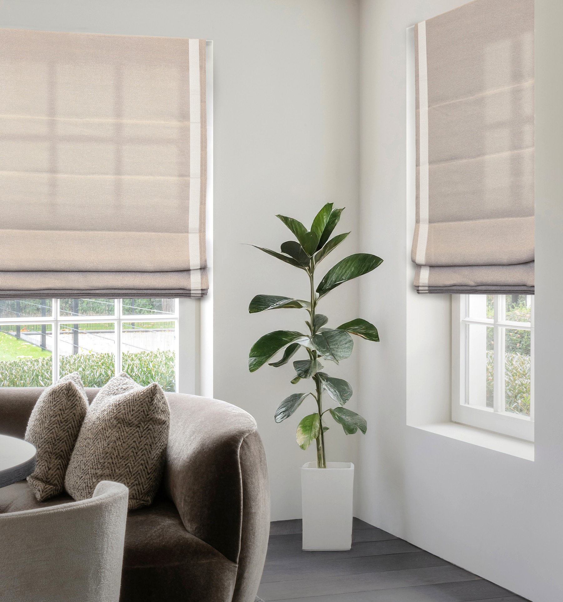 Blindsgalore Classic Roman Shades shown in Simple Canvas Linen with Parallel Cloth Tapes.