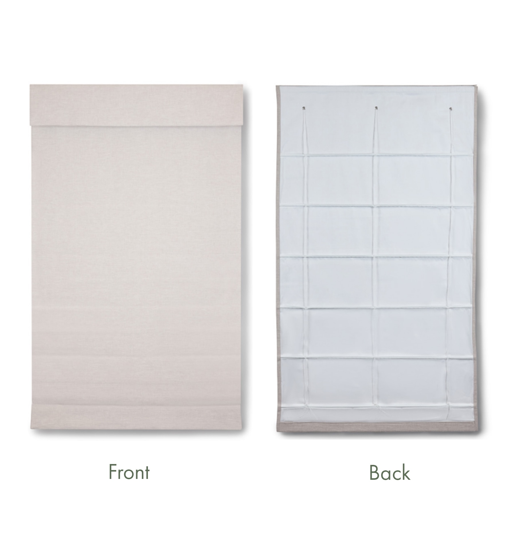 Roman shades will have visible cords on the street facing side. Lined shades will always be white to the street.
