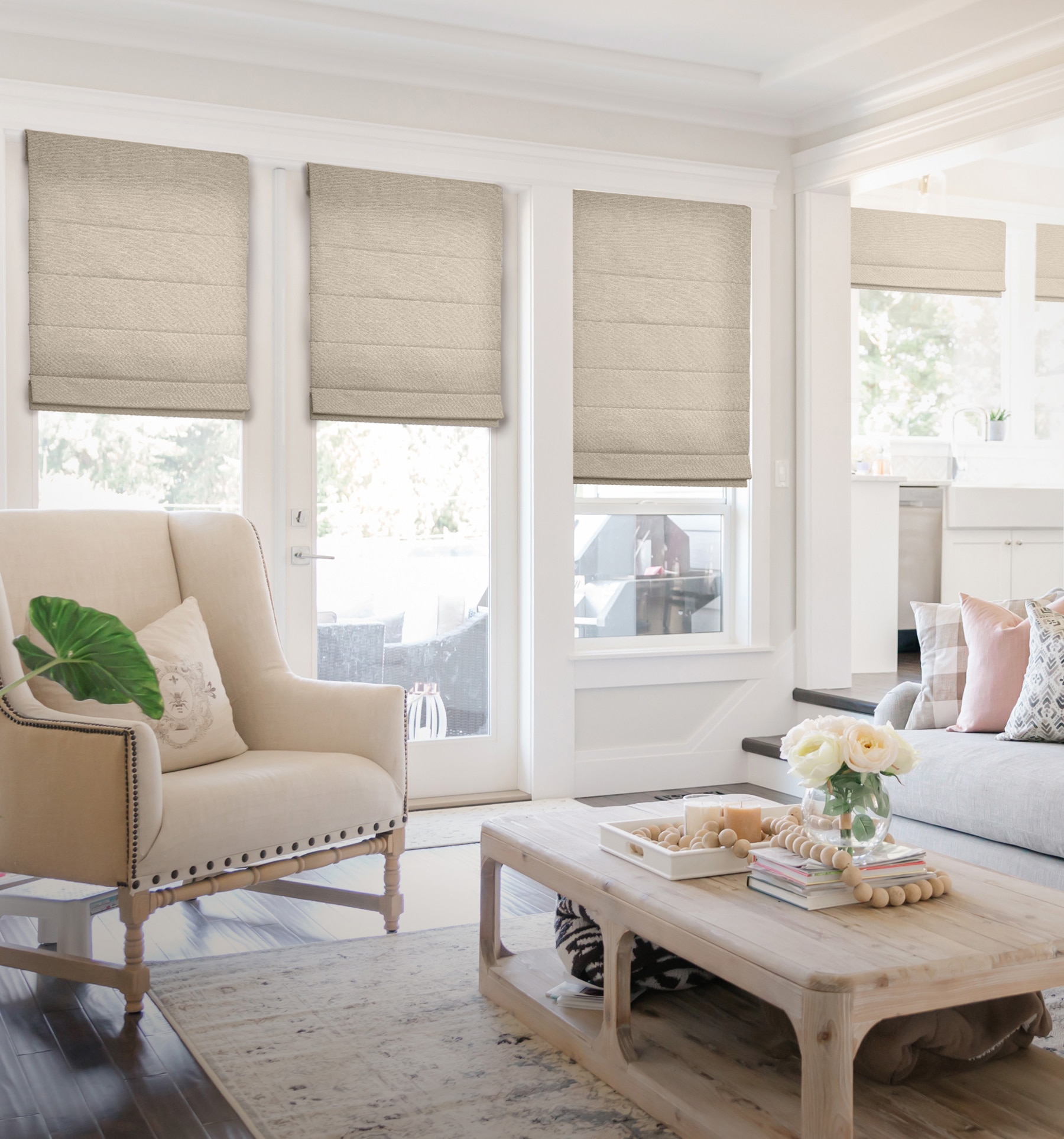 Blindsgalore Classic Roman Shades with Cordless lift shown in Basketweave Soft Mink.