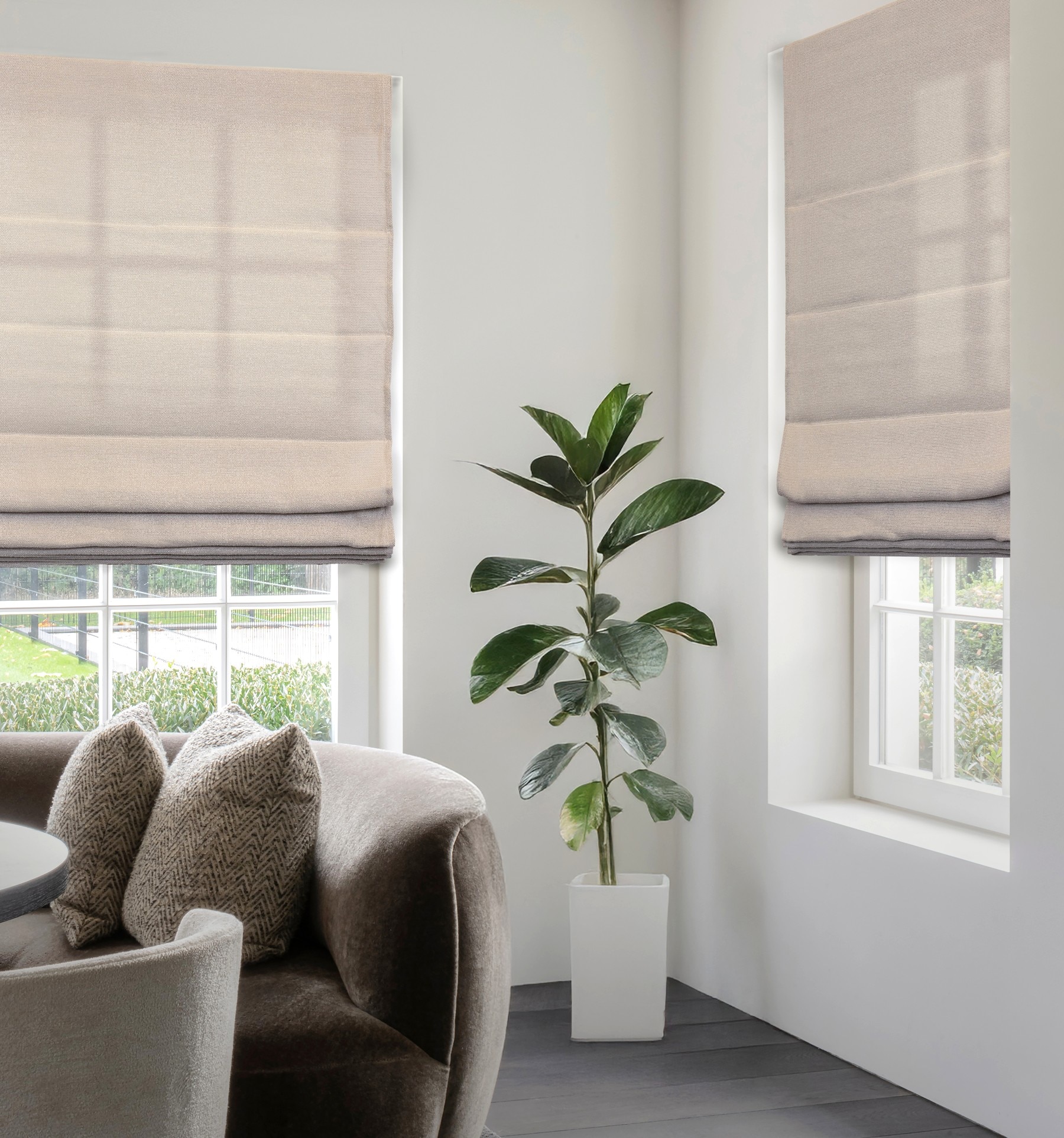 Blindsgalore Classic Roman Shades with Knife Pleat Fold shown in Simple Canvas Linen