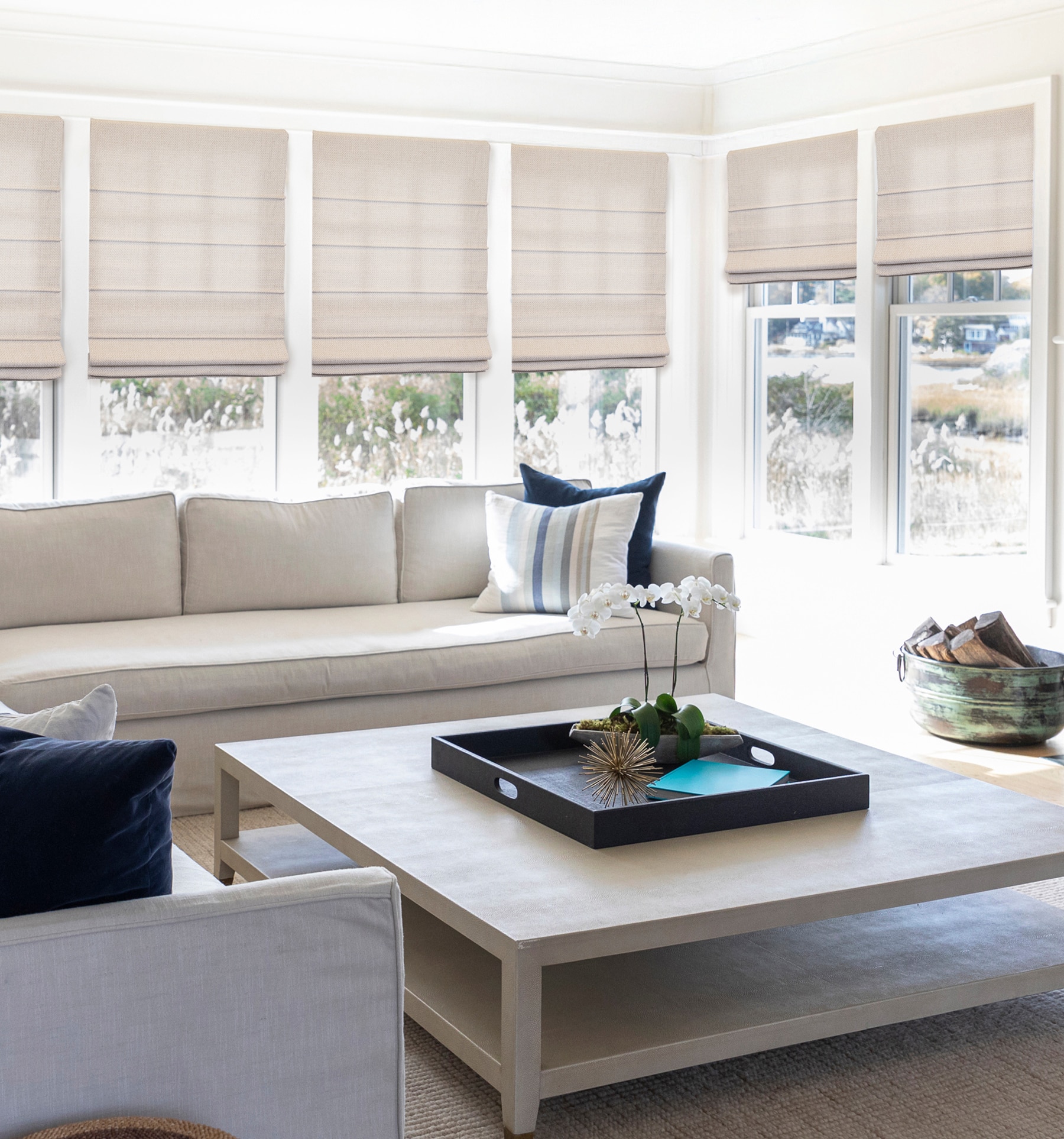 Blindsgalore Luxera Roman Shades with Standard Light Filtering liner. Shown in Camden Stone.