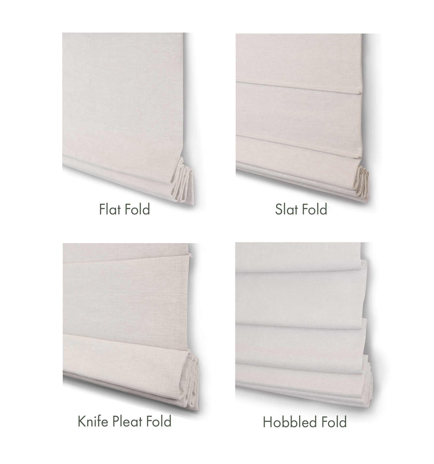 Blindsgalore Luxera Romans are available in four fold styles: Flat, Knife Pleat, Slat and Hobbled.