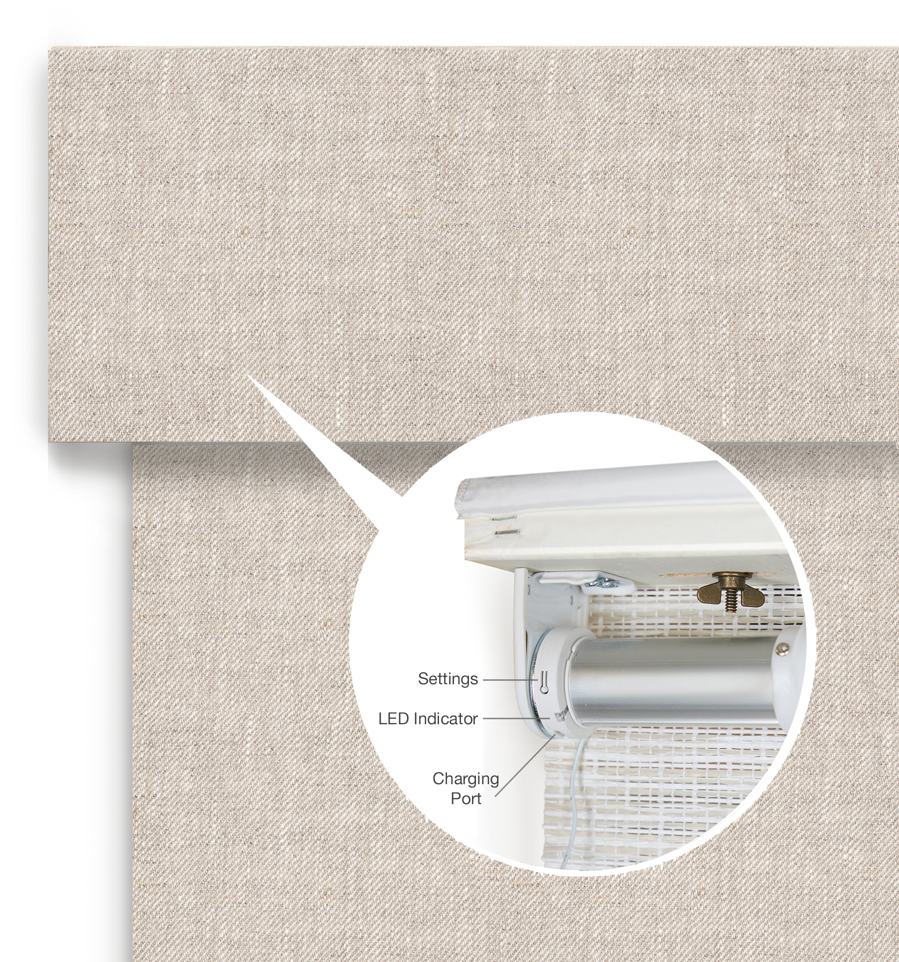 Motorized lift roman shades are made with an internal rechargeable lithium-ion battery and can be recharged via USB-C port.