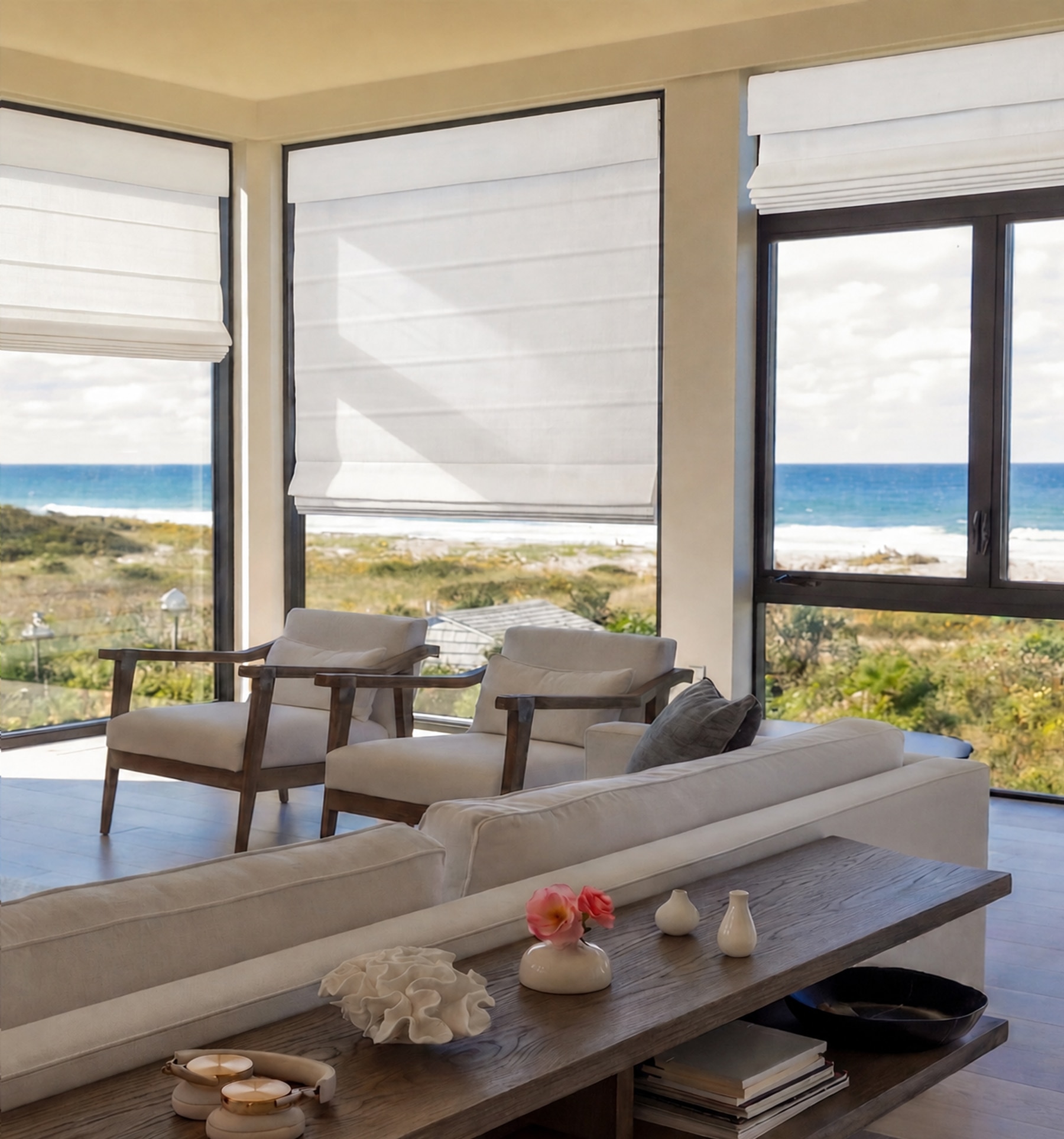 Blindsgalore Luxera Roman Shades with Knife Pleat Fold shown in Brushed Linen White.