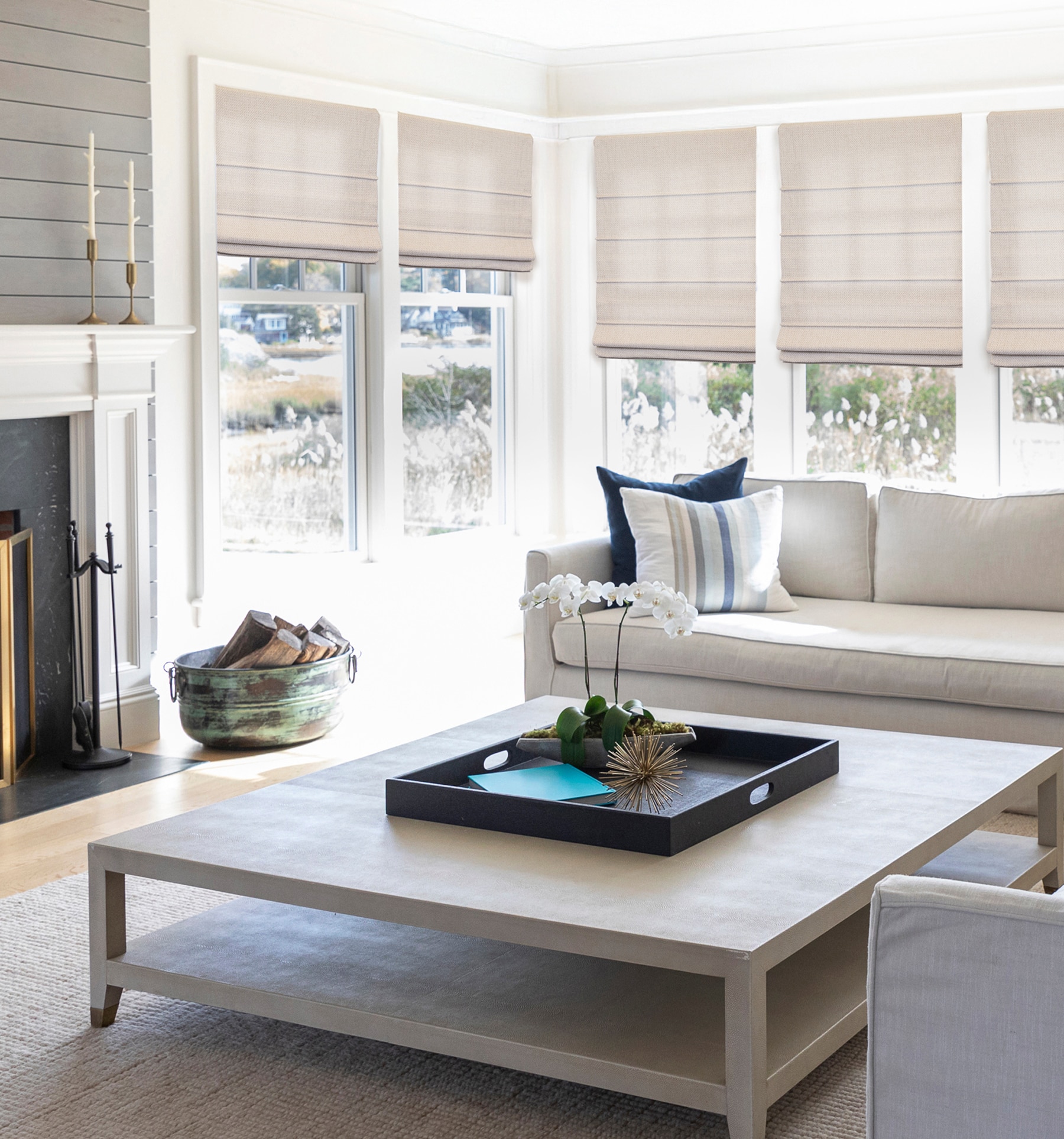 Blindsgalore Luxera Roman Shades with Standard Light Filtering liner. Shown in Camden Stone.