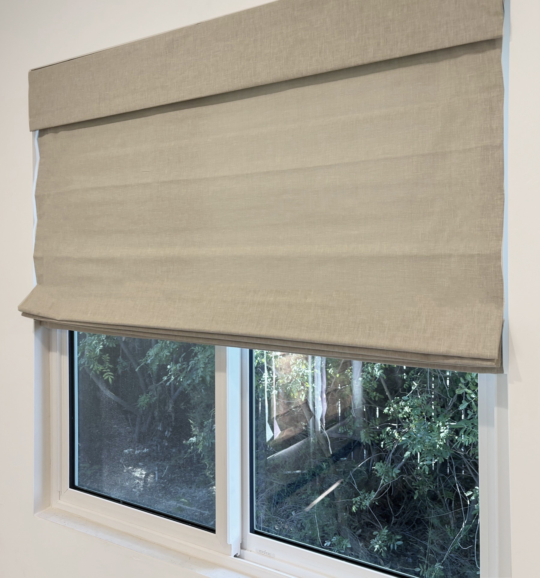 Standard Roman shade shown in Flat Fold style. Standard roman shade valance will always be 6” and is made with a sewn-in weighted hem bar.