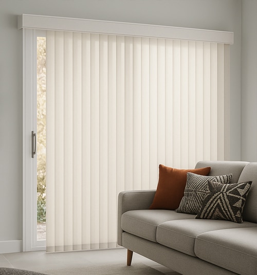 Blindsgalore Fabric Vertical Blinds shown in Flaxen Mist